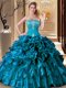 Enchanting Organza Sweetheart Sleeveless Lace Up Embroidery and Ruffles Vestidos de Quinceanera in Teal
