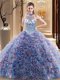 Trendy Halter Top Multi-color Ball Gowns Beading Ball Gown Prom Dress Lace Up Fabric With Rolling Flowers Sleeveless With Train