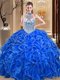 Glittering Halter Top Sleeveless Organza Floor Length Lace Up 15 Quinceanera Dress in Royal Blue with Beading and Ruffles