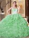 Top Selling Organza Strapless Sleeveless Lace Up Embroidery and Ruffles Quince Ball Gowns in Green