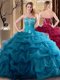 Noble Teal Ball Gowns Sweetheart Sleeveless Tulle Floor Length Lace Up Embroidery and Ruffles Quinceanera Dress