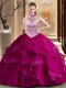 Delicate Fuchsia Halter Top Lace Up Beading and Ruffles Sweet 16 Dresses Brush Train Sleeveless