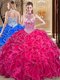 Best Selling Hot Pink Lace Up Halter Top Beading and Ruffles Sweet 16 Dress Organza Sleeveless