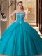 Latest Sweetheart Sleeveless Lace Up Sweet 16 Quinceanera Dress Teal Tulle