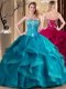 Exceptional Teal Sweetheart Neckline Embroidery and Ruffles 15th Birthday Dress Sleeveless Lace Up