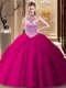 Fitting Fuchsia Halter Top Lace Up Beading and Pick Ups Quinceanera Gowns Brush Train Sleeveless