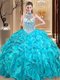 Aqua Blue Ball Gowns Halter Top Sleeveless Organza Floor Length Lace Up Beading and Ruffles Sweet 16 Dresses