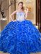 Strapless Sleeveless Ball Gown Prom Dress Floor Length Embroidery and Ruffles Royal Blue Organza