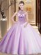Shining Halter Top Lilac Sleeveless Tulle Brush Train Lace Up 15 Quinceanera Dress for Military Ball and Sweet 16 and Quinceanera
