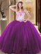 Suitable Floor Length White And Purple Sweet 16 Dress Tulle and Sequined Sleeveless Embroidery