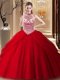 Excellent Halter Top Sleeveless Tulle Sweet 16 Quinceanera Dress Beading and Pick Ups Brush Train Lace Up