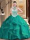 Dark Green Halter Top Neckline Beading and Ruffles Quinceanera Dress Sleeveless Lace Up