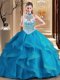 Wonderful Halter Top Blue Sleeveless Brush Train Beading and Ruffles With Train Quinceanera Dresses