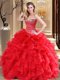 Sweetheart Sleeveless Sweet 16 Dresses Floor Length Beading and Ruffles Red Organza