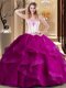 Hot Sale Fuchsia Ball Gowns Embroidery 15th Birthday Dress Lace Up Tulle Sleeveless Floor Length