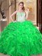 Enchanting Floor Length Green Ball Gown Prom Dress Organza Sleeveless Embroidery and Ruffles