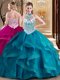 Decent Teal Halter Top Neckline Beading and Ruffles Quinceanera Dresses Sleeveless Lace Up