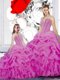 Exquisite Straps Beading and Ruffles and Pick Ups Quinceanera Gowns Fuchsia Lace Up Sleeveless Floor Length