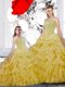 Organza Straps Sleeveless Lace Up Beading and Ruffles and Pick Ups Ball Gown Prom Dress in Yellow