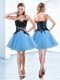 Sleeveless Organza Mini Length Lace Up Prom Dress in Blue And Black with Appliques