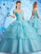 Aqua Blue Off The Shoulder Neckline Beading and Ruffled Layers Sweet 16 Dresses Sleeveless Lace Up