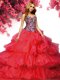 Red Organza Lace Up Sweetheart Sleeveless With Train 15th Birthday Dress Brush Train Beading and Ruffled Layers