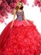 Floor Length Lace Up Quinceanera Gown Red for Military Ball and Sweet 16 and Quinceanera with Beading and Ruffles