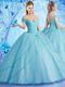 Off the Shoulder Sleeveless With Train Beading Lace Up Sweet 16 Dress with Aqua Blue Brush Train