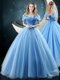 Fabulous Off the Shoulder With Train Ball Gowns Sleeveless Baby Blue 15 Quinceanera Dress Brush Train Lace Up
