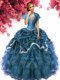 Custom Designed Teal Sleeveless Floor Length Beading and Ruffles and Pick Ups Lace Up Quinceanera Gown