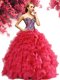 Flare Red Organza Lace Up Quinceanera Dress Sleeveless Floor Length Beading and Ruffles