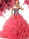 Fantastic Coral Red Sleeveless With Train Beading and Ruffles Lace Up Sweet 16 Dresses