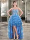 Blue Organza Lace Up Sweetheart Sleeveless High Low Beading and Ruffled Layers