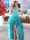 Aqua Blue Sleeveless High Low Beading and Ruffles Lace Up Homecoming Dress