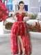 High Class Red Ball Gowns Sweetheart Sleeveless Organza High Low Lace Up Appliques and Ruffles Prom Evening Gown