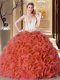 Embroidery and Ruffles Quinceanera Dresses Rust Red Lace Up Sleeveless Floor Length