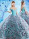 Sophisticated Off the Shoulder Backless Fabric With Rolling Flowers Sleeveless Quinceanera Gown Court Train and Beading and Appliques and Ruffles